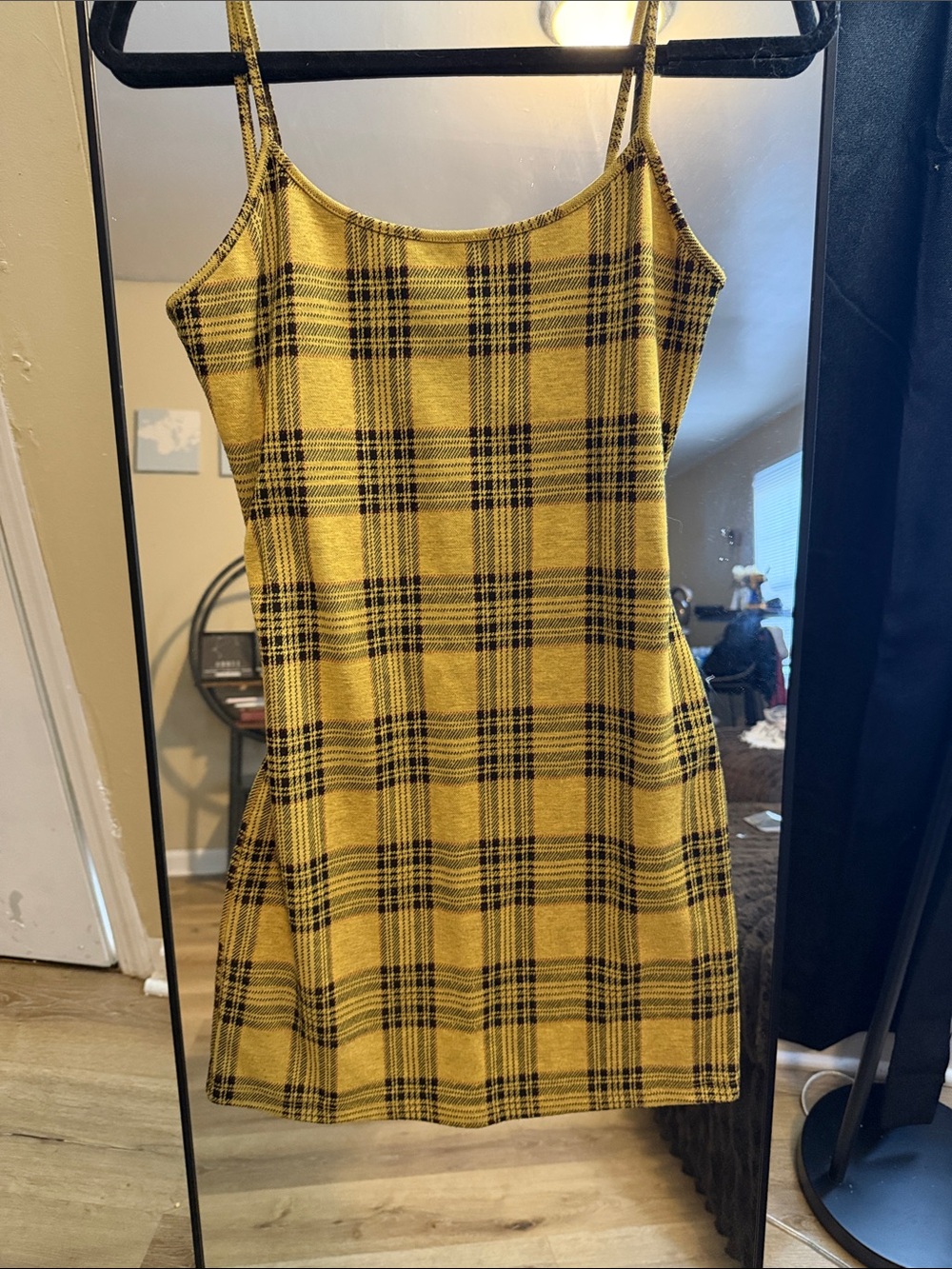 Yellow Plaid Spaghetti-Strap Mini Dress
